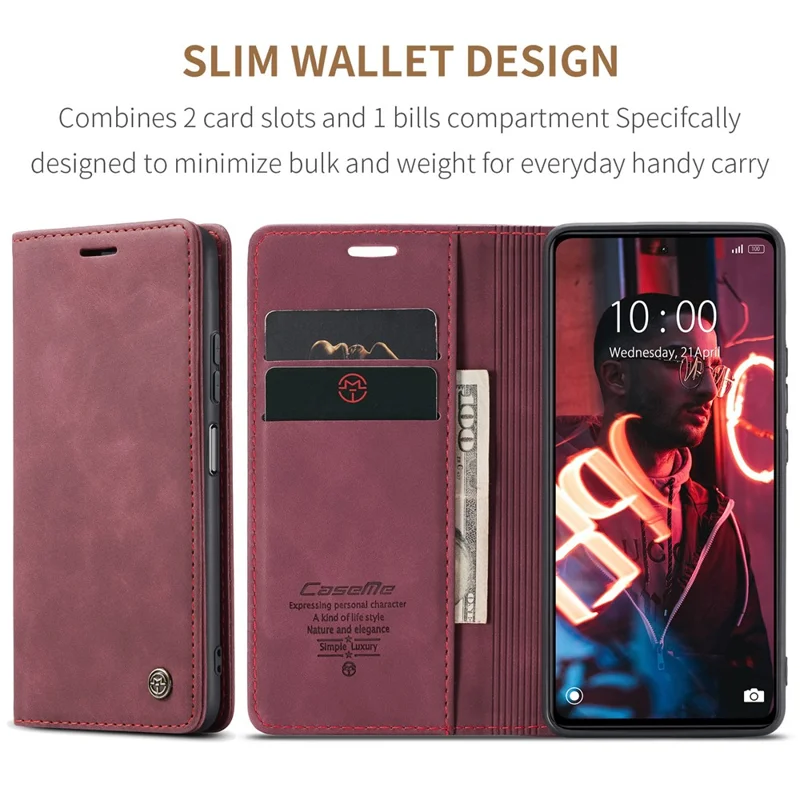 CASEME 013 Series Phone Case for Xiaomi Redmi Note 12 5G (Global) / (India) / (China) / Poco X5 5G Shockproof PU Leather Case Wallet Stand Cover - Wine Red