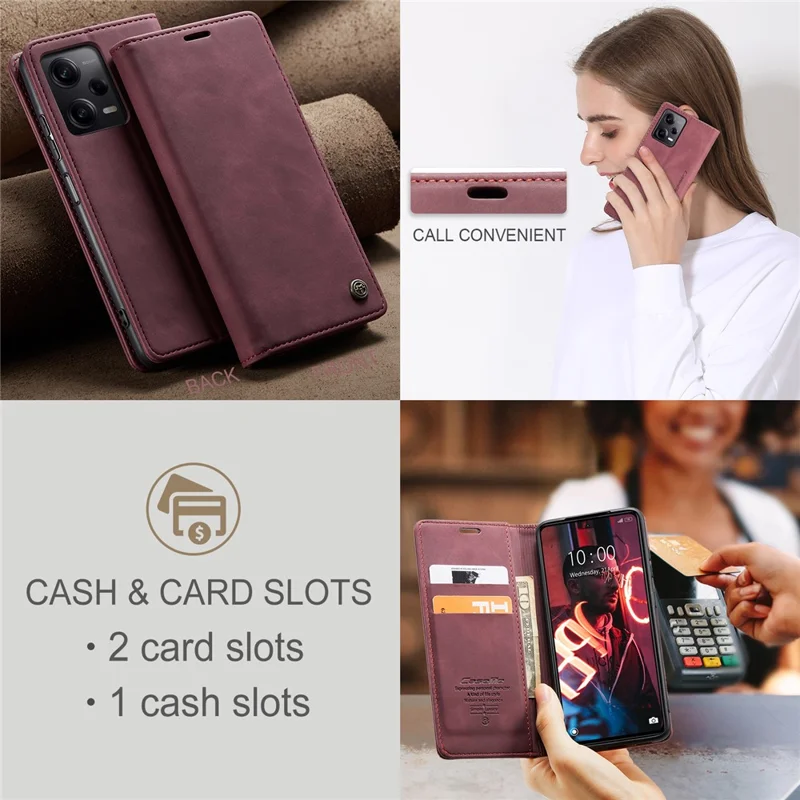 CASEME 013 Series Phone Case for Xiaomi Redmi Note 12 5G (Global) / (India) / (China) / Poco X5 5G Shockproof PU Leather Case Wallet Stand Cover - Wine Red