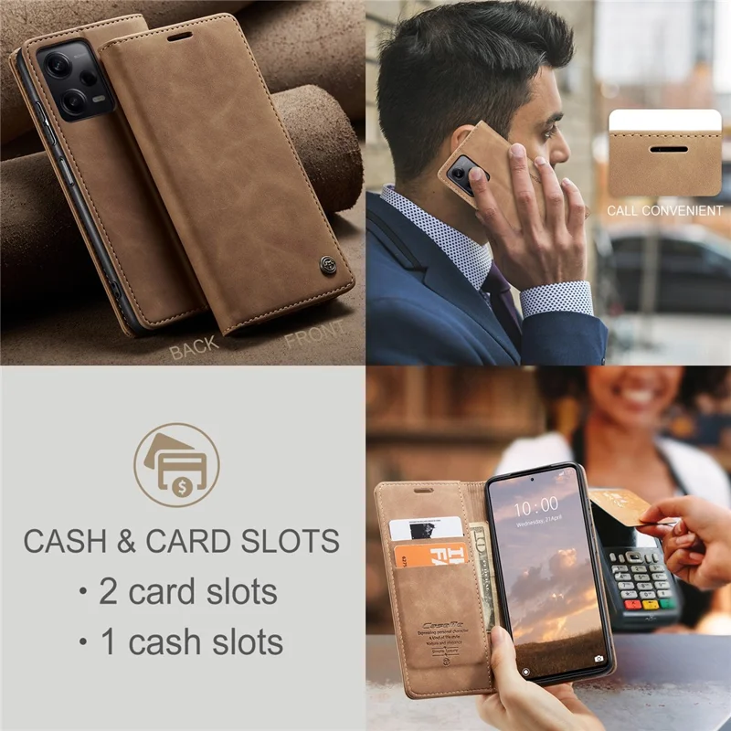 CASEME 013 Série Étui de téléphone pour Xiaomi Redmi Note 12 Pro 5G / Note 12 Pro Speed 5G / Poco X5 Pro 5G Étui en cuir PU anti-rayures Portefeuille Support - Marron