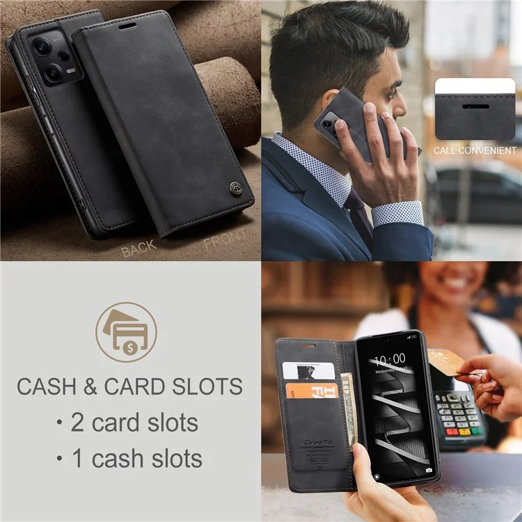 CASEME 013 Series Capa de telefone para Xiaomi Redmi Note 12 Pro+ 5G Capa de couro sintético Carteira Suporte - Preto 