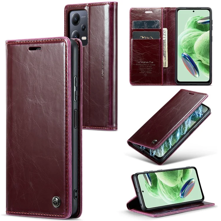 CASEME 003 Series для Xiaomi Redmi Note 12 5G (Глобальный) / (Индия) / (Китай) / Poco X5 5G PU кожаный кошелек Стенд Обложка Воскообразная текстура Чехол для телефона - Винно-красный