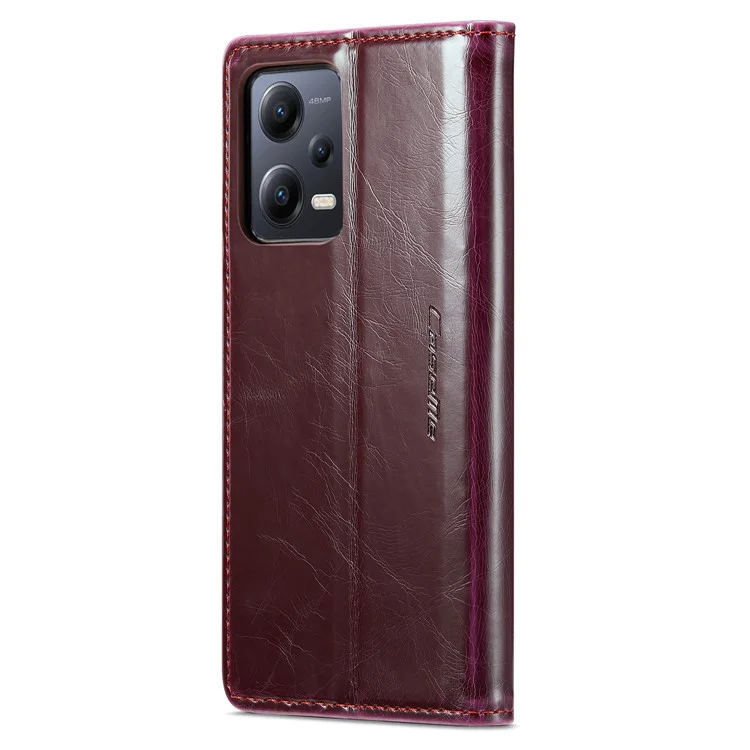 CASEME 003 Series для Xiaomi Redmi Note 12 5G (Глобальный) / (Индия) / (Китай) / Poco X5 5G PU кожаный кошелек Стенд Обложка Воскообразная текстура Чехол для телефона - Винно-красный