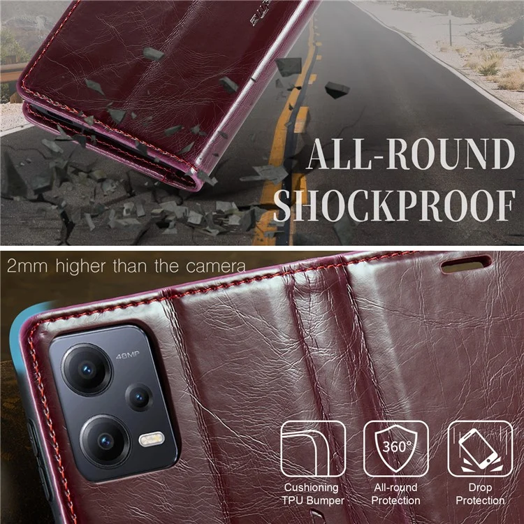 CASEME 003 Series для Xiaomi Redmi Note 12 5G (Глобальный) / (Индия) / (Китай) / Poco X5 5G PU кожаный кошелек Стенд Обложка Воскообразная текстура Чехол для телефона - Винно-красный