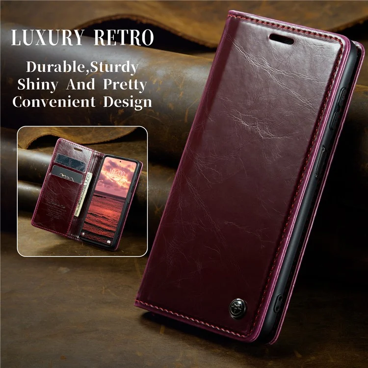 CASEME 003 Series для Xiaomi Redmi Note 12 5G (Глобальный) / (Индия) / (Китай) / Poco X5 5G PU кожаный кошелек Стенд Обложка Воскообразная текстура Чехол для телефона - Винно-красный