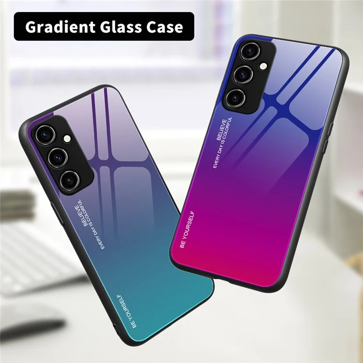 Para Samsung Galaxy A34 5G Gradient Color Phone Case Tempered Glass + PC + TPU Hybrid Shell Shock Absorption Cover - Azul / Rosa