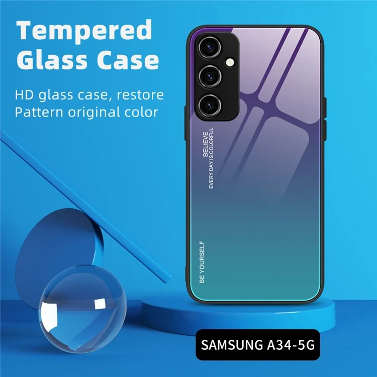 Para Samsung Galaxy A34 5G Gradient Color Phone Case Tempered Glass + PC + TPU Hybrid Shell Shock Absorption Cover - Azul / Rosa
