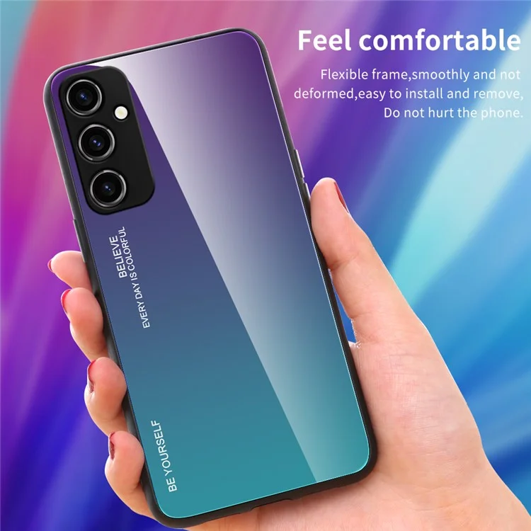 Para Samsung Galaxy A34 5G Gradient Color Phone Case Tempered Glass + PC + TPU Hybrid Shell Shock Absorption Cover - Azul / Rosa