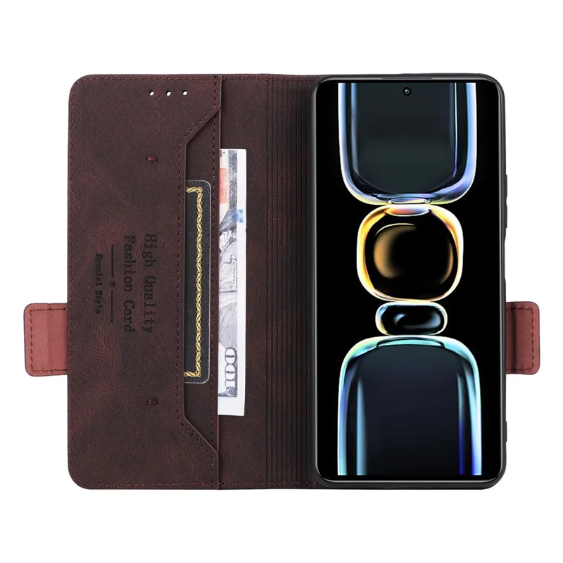 For Xiaomi Redmi K60E 5G PU Leather Wallet Phone Case Hardware Decor Stand Flip Cell Phone Cover - Coffee