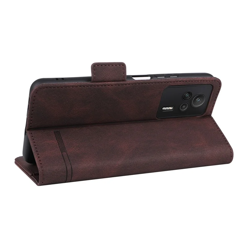For Xiaomi Redmi K60E 5G PU Leather Wallet Phone Case Hardware Decor Stand Flip Cell Phone Cover - Coffee