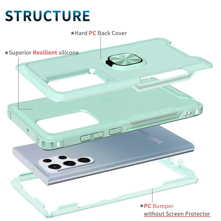 Per Samsung Galaxy S23 Ultra Rotatable Ring Holder Kickstand Phone Case PC + Silicone Anti-scratch Phone Cover - Verde