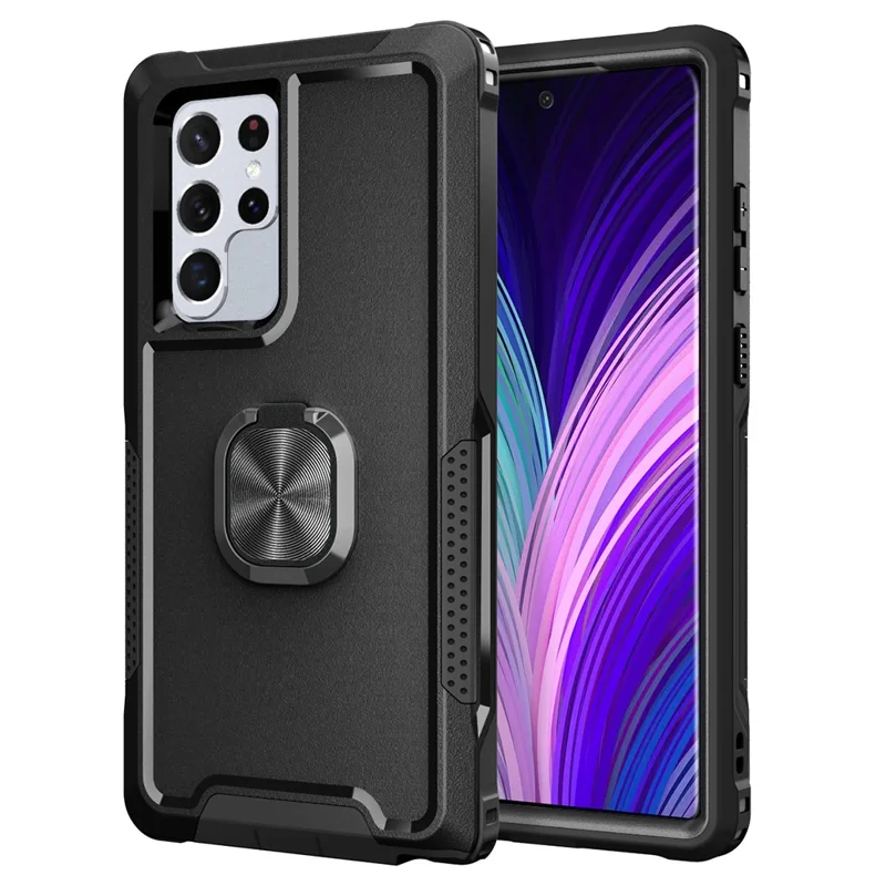 For Samsung Galaxy S23 Ultra Rotatable Ring Holder Kickstand Phone Case PC + Silicone Anti-scratch Phone Cover - Black