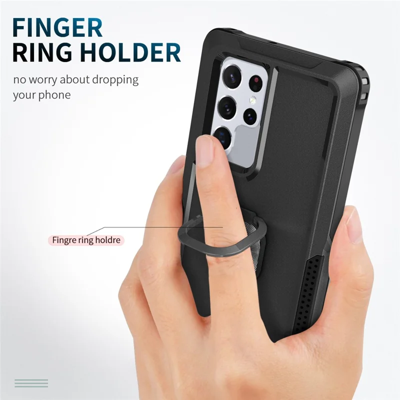 For Samsung Galaxy S23 Ultra Rotatable Ring Holder Kickstand Phone Case PC + Silicone Anti-scratch Phone Cover - Black
