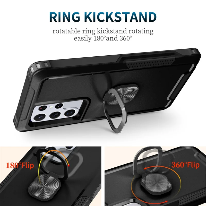 For Samsung Galaxy S23 Ultra Rotatable Ring Holder Kickstand Phone Case PC + Silicone Anti-scratch Phone Cover - Black