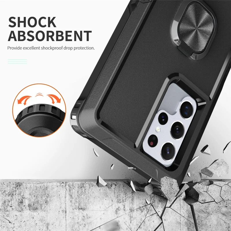 For Samsung Galaxy S23 Ultra Rotatable Ring Holder Kickstand Phone Case PC + Silicone Anti-scratch Phone Cover - Black