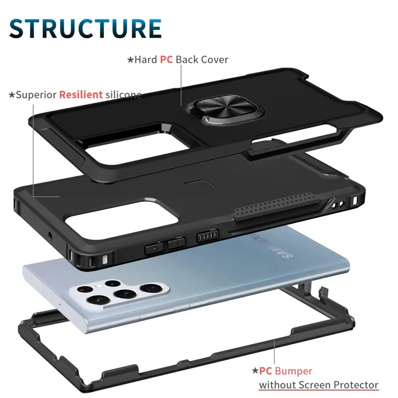 For Samsung Galaxy S23 Ultra Rotatable Ring Holder Kickstand Phone Case PC + Silicone Anti-scratch Phone Cover - Black