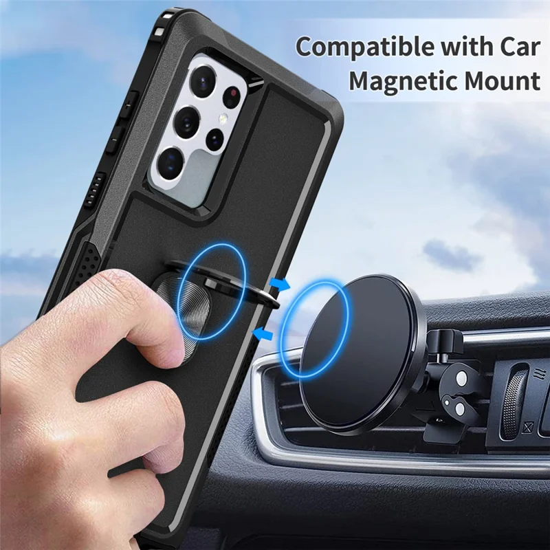 For Samsung Galaxy S23 Ultra Rotatable Ring Holder Kickstand Phone Case PC + Silicone Anti-scratch Phone Cover - Black