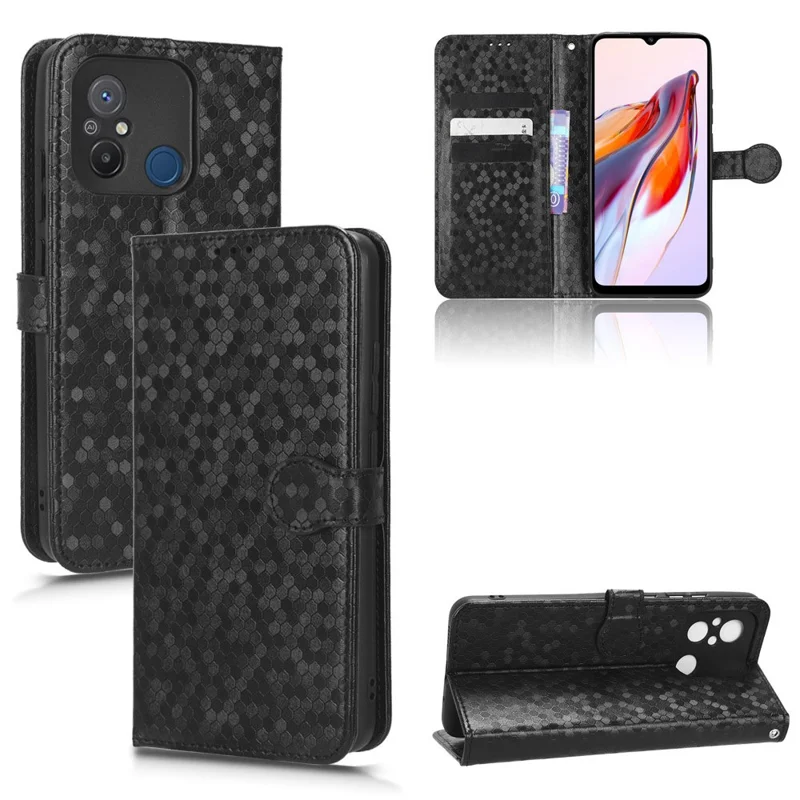Anti-shock Leather Phone Cover For Xiaomi Redmi 12C 4G / 11A 4G , Dot Pattern Imprinted Anti-scratch Phone Case  Wallet Stand - Black