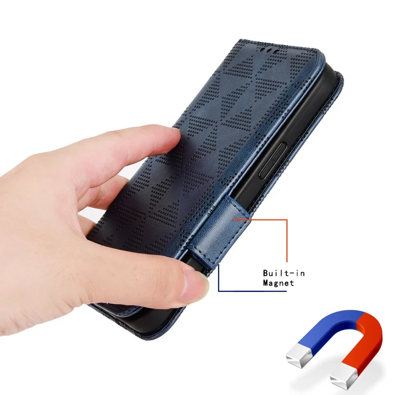 Telefoonhoesje voor Xiaomi Redmi 12C 4G / 11A 4G, beschermhoes van PU-leer met driehoekpatroon, standaard, portemonnee - blauw