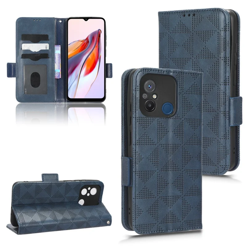 Telefoonhoesje voor Xiaomi Redmi 12C 4G / 11A 4G, beschermhoes van PU-leer met driehoekpatroon, standaard, portemonnee - blauw