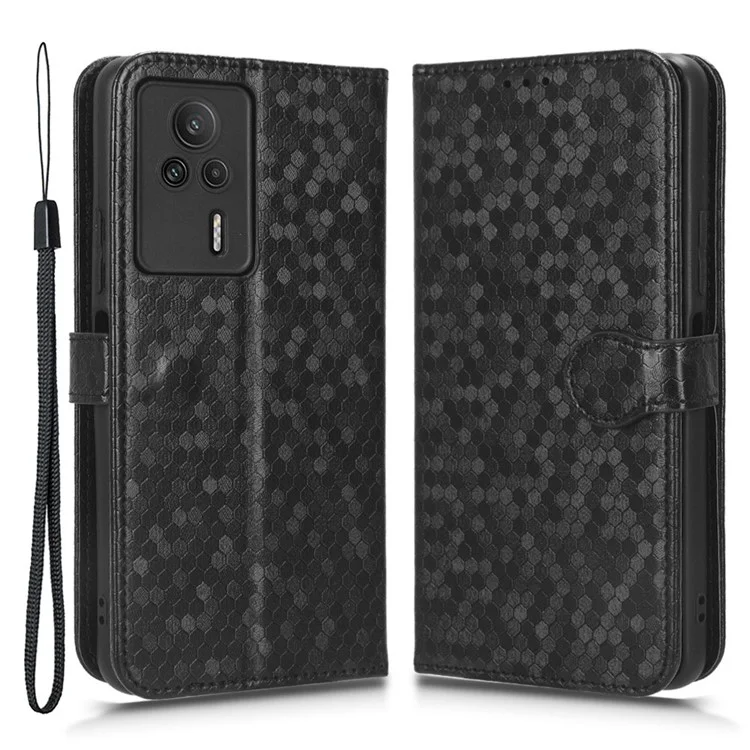 Funda Protectora de Cuero Antigotas para Xiaomi Redmi K60E 5G, Funda Protectora de Teléfono con Patrón de Puntos, de Pie, y Billetera - Negro