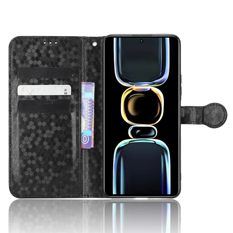 Funda Protectora de Cuero Antigotas para Xiaomi Redmi K60E 5G, Funda Protectora de Teléfono con Patrón de Puntos, de Pie, y Billetera - Negro