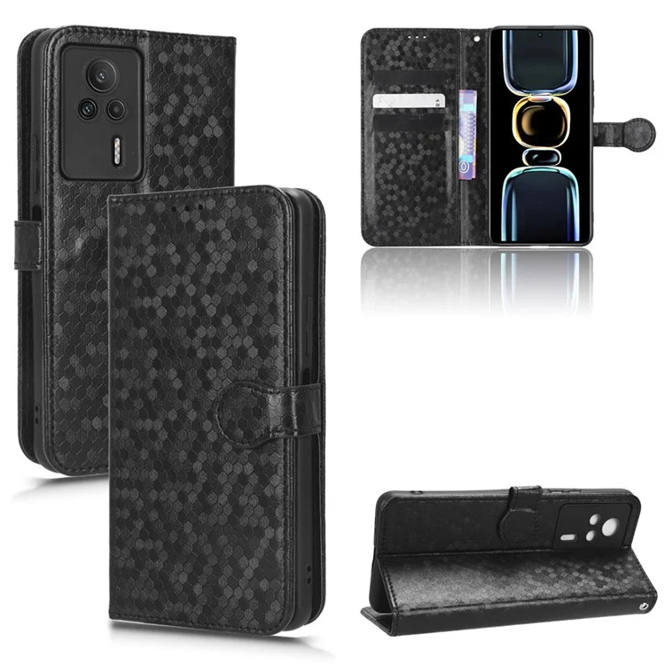 Funda Protectora de Cuero Antigotas para Xiaomi Redmi K60E 5G, Funda Protectora de Teléfono con Patrón de Puntos, de Pie, y Billetera - Negro