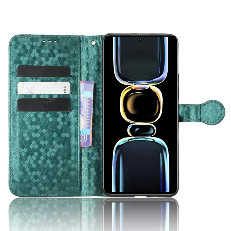 Capa de Telefone Antigotas de Couro para Xiaomi Redmi K60E 5G, Capa Protetora de Carteira com Padrão Pontilhado e Suporte - Verde