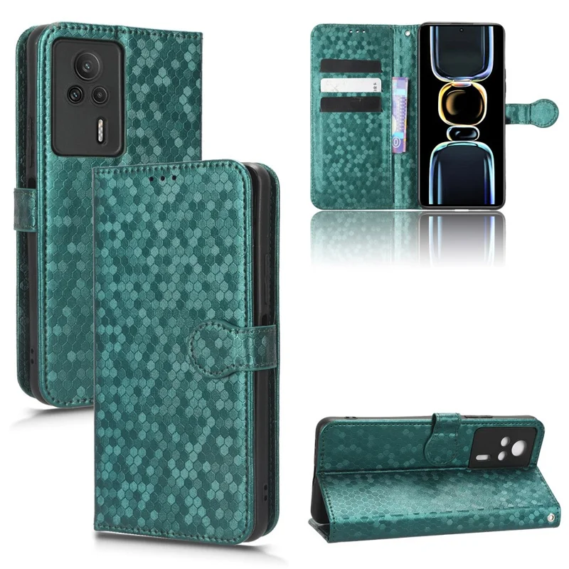 Capa de Telefone Antigotas de Couro para Xiaomi Redmi K60E 5G, Capa Protetora de Carteira com Padrão Pontilhado e Suporte - Verde