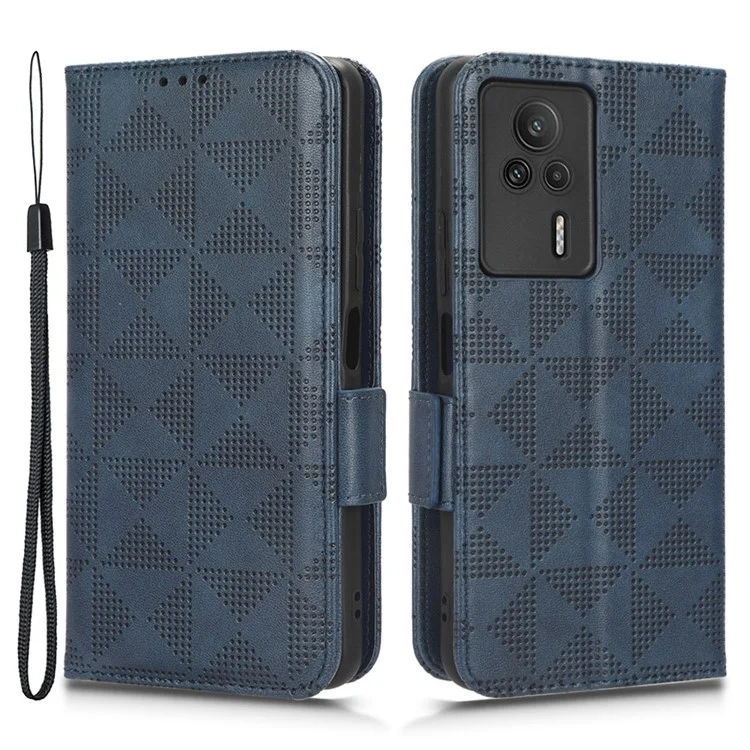 For Xiaomi Redmi K60E 5G Leather Phone Case Imprinted Triangle Pattern Stand Drop-proof Phone Cover Wallet - Blue