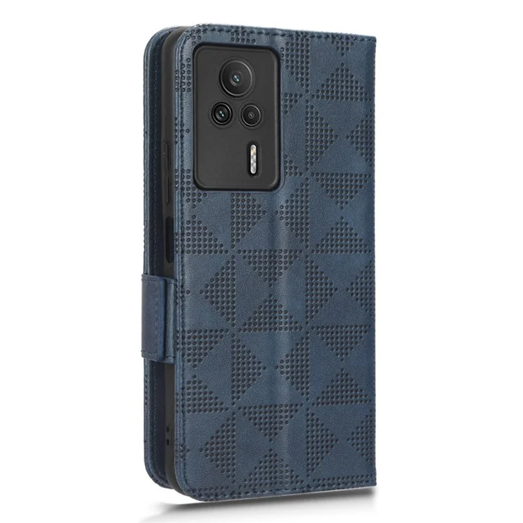 For Xiaomi Redmi K60E 5G Leather Phone Case Imprinted Triangle Pattern Stand Drop-proof Phone Cover Wallet - Blue