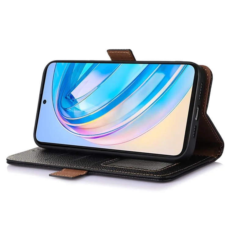 Genuine Leather Phone Case For Honor X40 5G / X9a 5G / Magic5 Lite 5G , RFID Blocking Wallet Protective Cell Phone Cover with Stand - Black