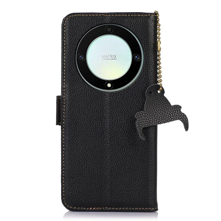 Genuine Leather Phone Case For Honor X40 5G / X9a 5G / Magic5 Lite 5G , RFID Blocking Wallet Protective Cell Phone Cover with Stand - Black