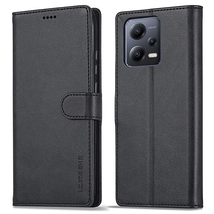 LC.IMEEKE Leather Phone Case For Xiaomi Redmi Note 12 5G (Global) / (India) / (China) / Poco X5 5G , Calf Texture Wallet Stand Anti-fall Phone Cover - Black