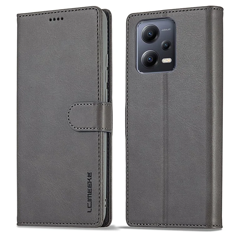 LC.IMEEKE Custodia in Pelle per Xiaomi Redmi Note 12 5G (Globale) / (India) / (Cina) / Poco X5 5G, Texture in Pelle di Vitello Wallet Stand Anti-caduta - Grigio