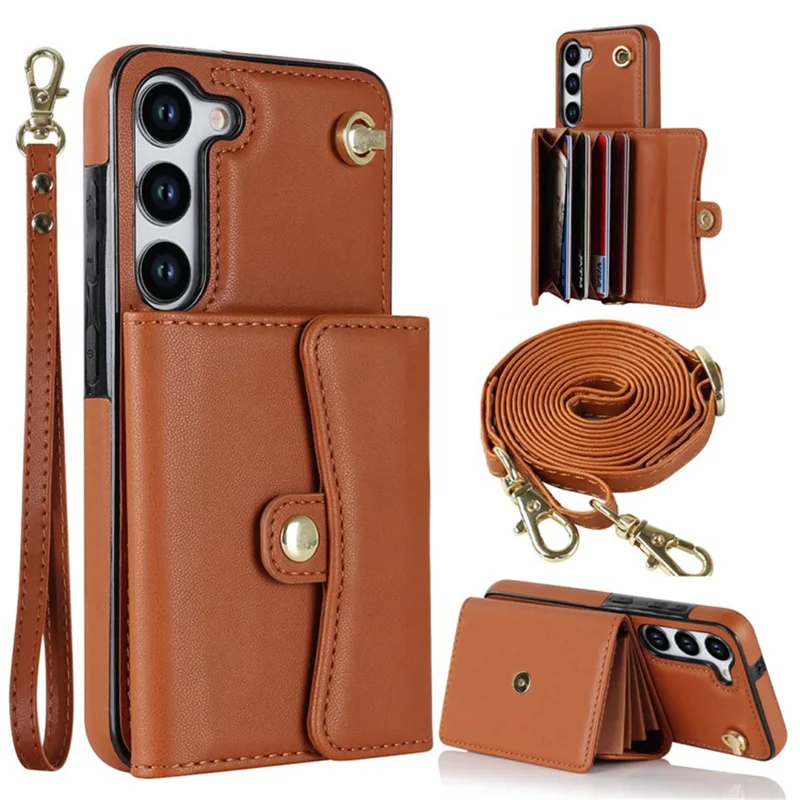 For Samsung Galaxy S23+ RFID Blocking Phone Case Accordion Style Card Slots Phone Kickstand Cover with Short Strap and Long Strap - Brown
