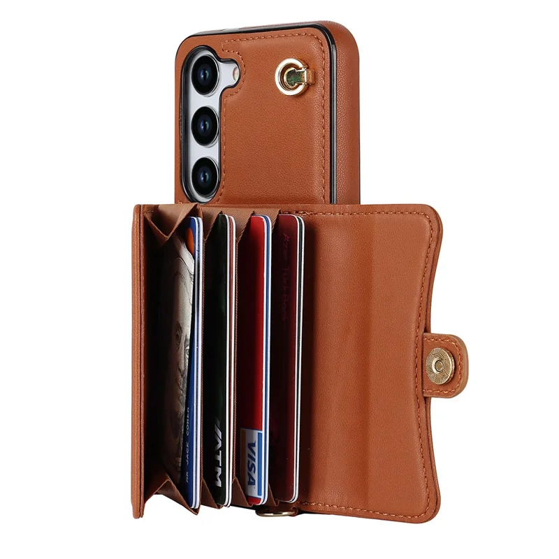 For Samsung Galaxy S23+ RFID Blocking Phone Case Accordion Style Card Slots Phone Kickstand Cover with Short Strap and Long Strap - Brown