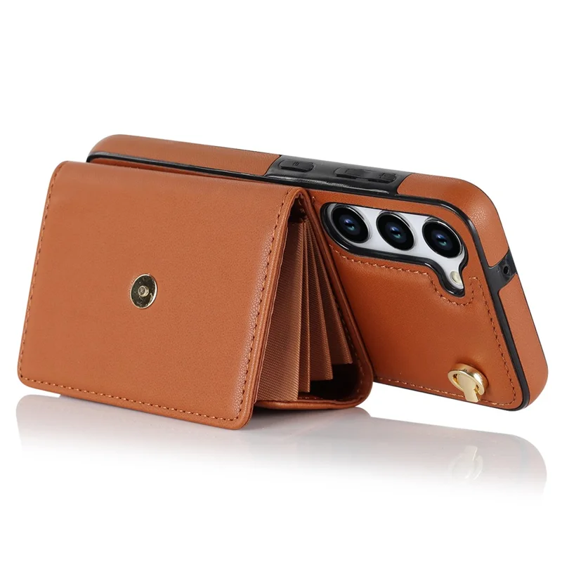 For Samsung Galaxy S23+ RFID Blocking Phone Case Accordion Style Card Slots Phone Kickstand Cover with Short Strap and Long Strap - Brown