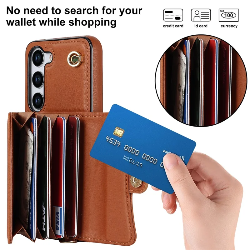 For Samsung Galaxy S23+ RFID Blocking Phone Case Accordion Style Card Slots Phone Kickstand Cover with Short Strap and Long Strap - Brown
