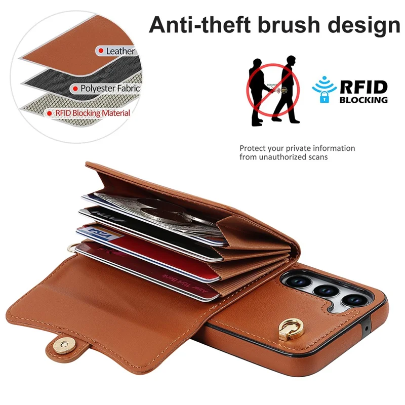 For Samsung Galaxy S23+ RFID Blocking Phone Case Accordion Style Card Slots Phone Kickstand Cover with Short Strap and Long Strap - Brown