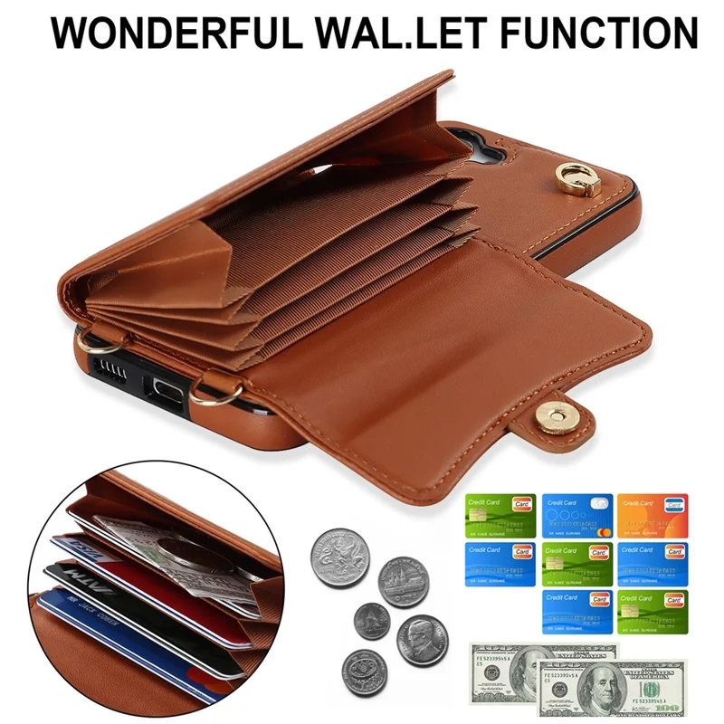 For Samsung Galaxy S23+ RFID Blocking Phone Case Accordion Style Card Slots Phone Kickstand Cover with Short Strap and Long Strap - Brown