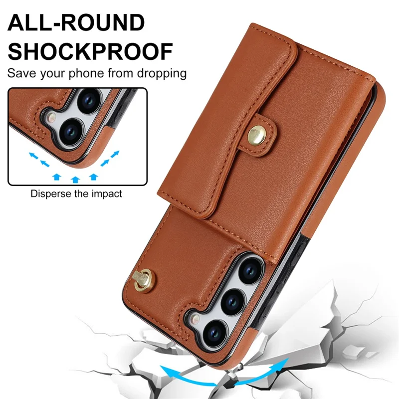 For Samsung Galaxy S23+ RFID Blocking Phone Case Accordion Style Card Slots Phone Kickstand Cover with Short Strap and Long Strap - Brown