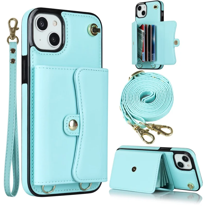 For iPhone 13 6.1 inch / 14 Accordion Style Card Slots Phone Case Kickstand RFID Blocking Cover with Short Strap and Long Strap - Blue