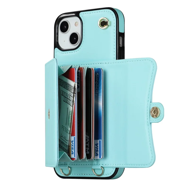 For iPhone 13 6.1 inch / 14 Accordion Style Card Slots Phone Case Kickstand RFID Blocking Cover with Short Strap and Long Strap - Blue