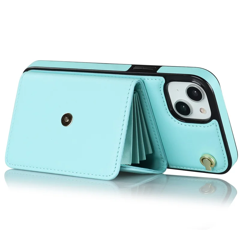 For iPhone 13 6.1 inch / 14 Accordion Style Card Slots Phone Case Kickstand RFID Blocking Cover with Short Strap and Long Strap - Blue