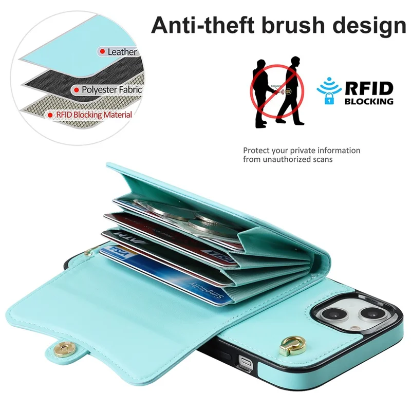 For iPhone 13 6.1 inch / 14 Accordion Style Card Slots Phone Case Kickstand RFID Blocking Cover with Short Strap and Long Strap - Blue