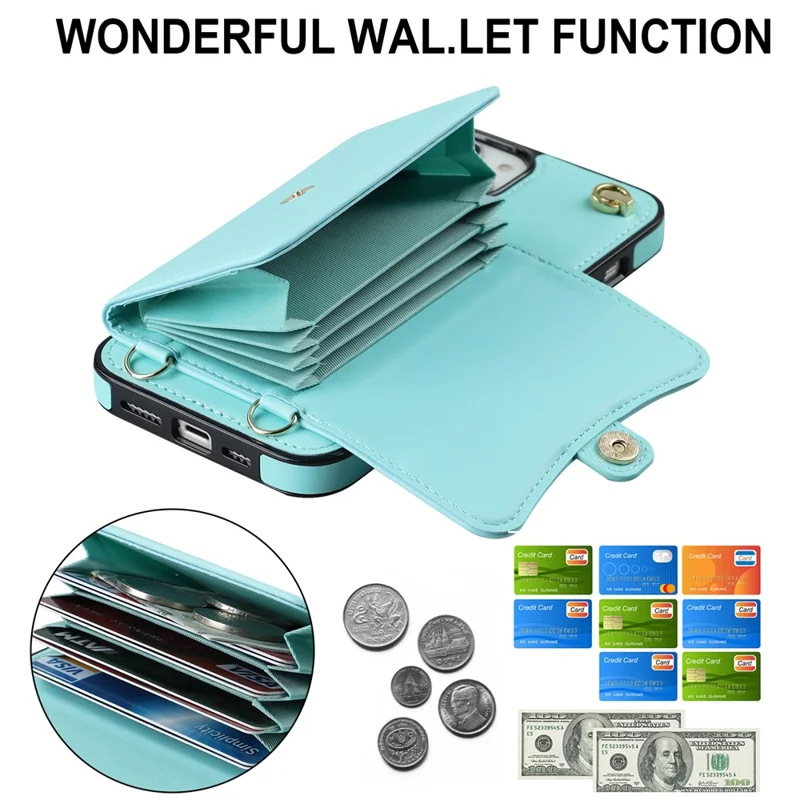 For iPhone 13 6.1 inch / 14 Accordion Style Card Slots Phone Case Kickstand RFID Blocking Cover with Short Strap and Long Strap - Blue