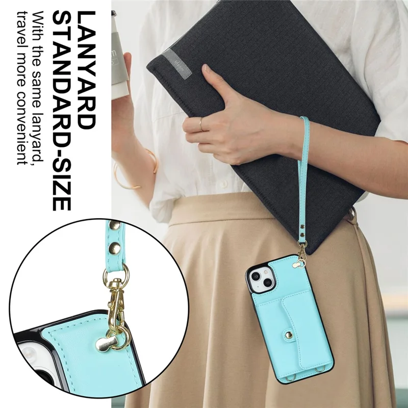 For iPhone 13 6.1 inch / 14 Accordion Style Card Slots Phone Case Kickstand RFID Blocking Cover with Short Strap and Long Strap - Blue