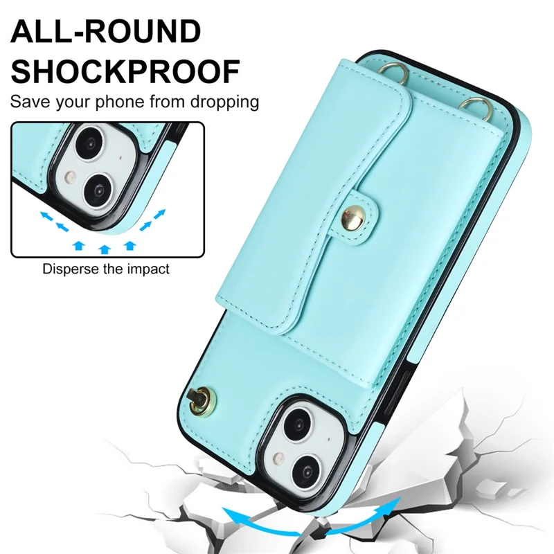 For iPhone 13 6.1 inch / 14 Accordion Style Card Slots Phone Case Kickstand RFID Blocking Cover with Short Strap and Long Strap - Blue