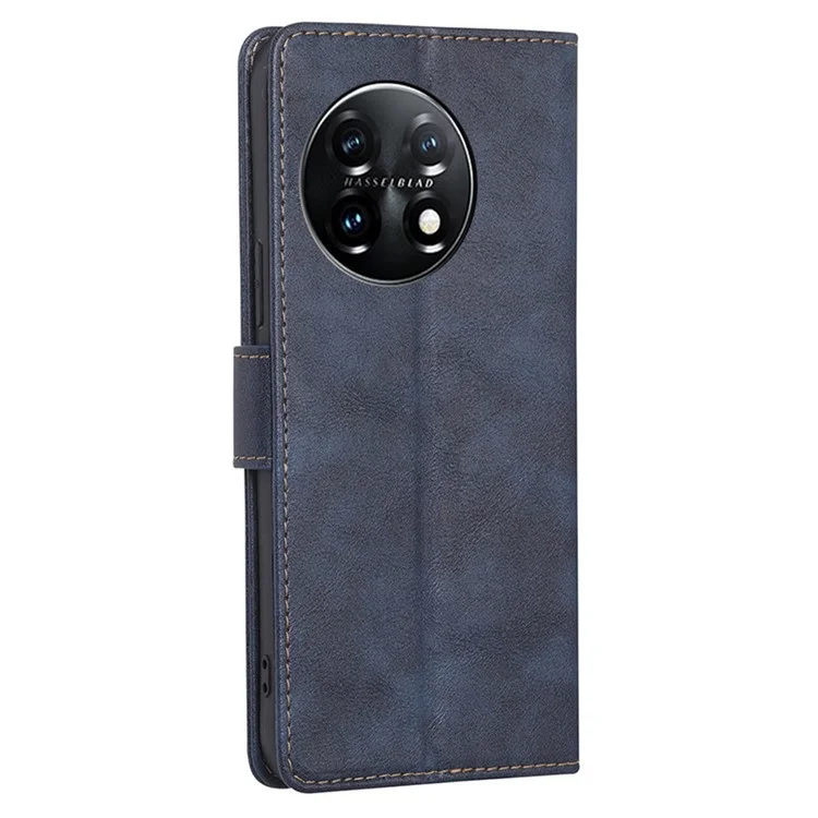 For OnePlus 11 5G Anti-drop Cowhide Texture PU Leather Stand Wallet Phone Case RFID Blocking Cover - Blue