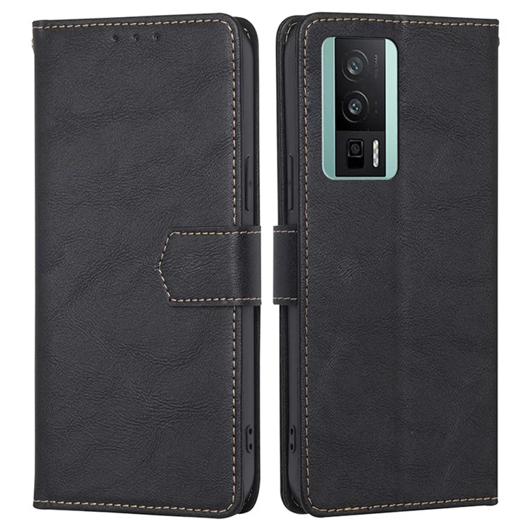 Para Xiaomi Poco F5 Pro 5G / Redmi K60 Pro 5G / K60 5G Cowhide Texture PU Leather Stand Wallet Phone Case RFID Blocking Shockproof Cover - Negro